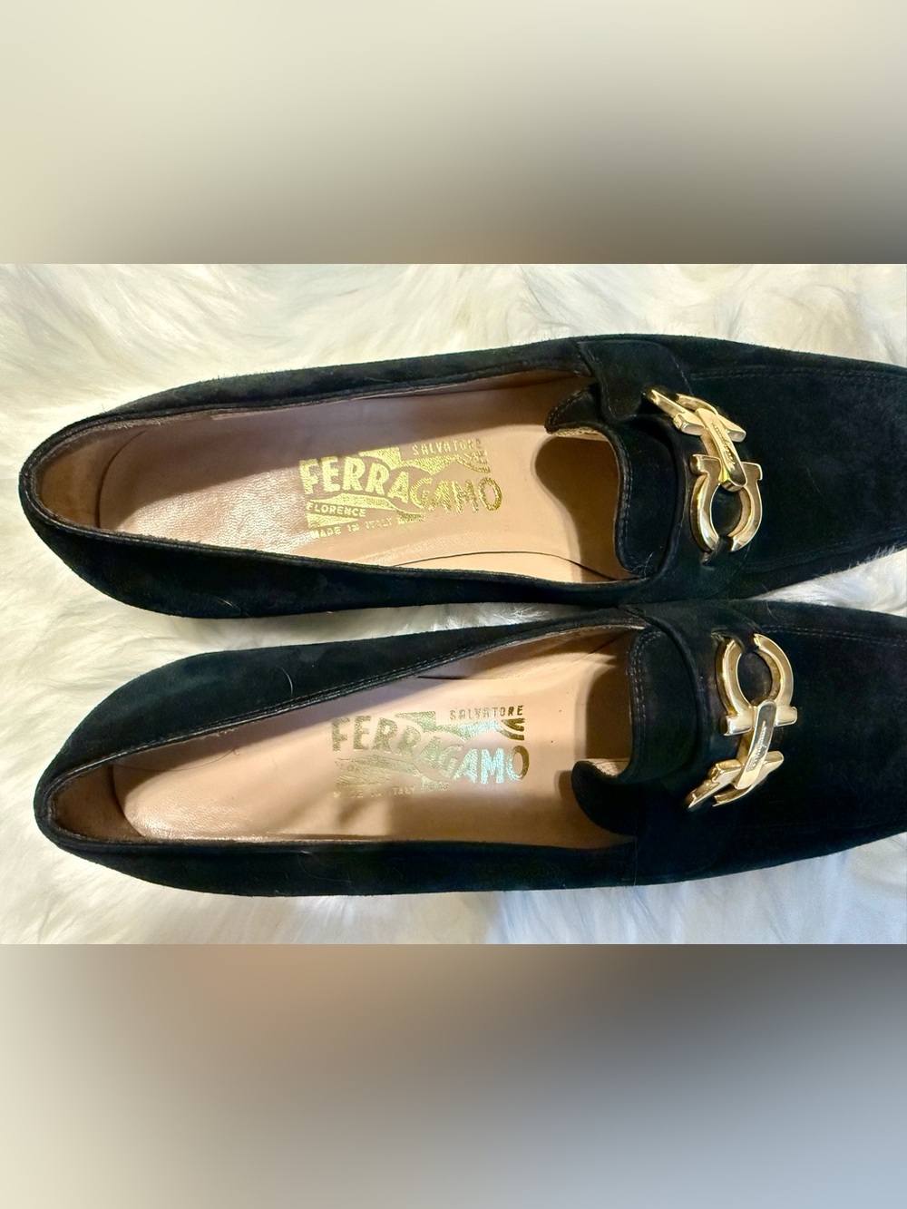 Salvatore Ferragamo Black Suede Loafers with Gold Gancini Hardware Size 7.5 - Picture 2 of 6